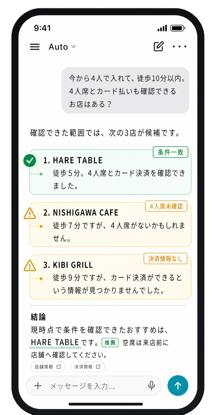 AIが条件に合うお店を候補として答えるスマホ画面のイメージ